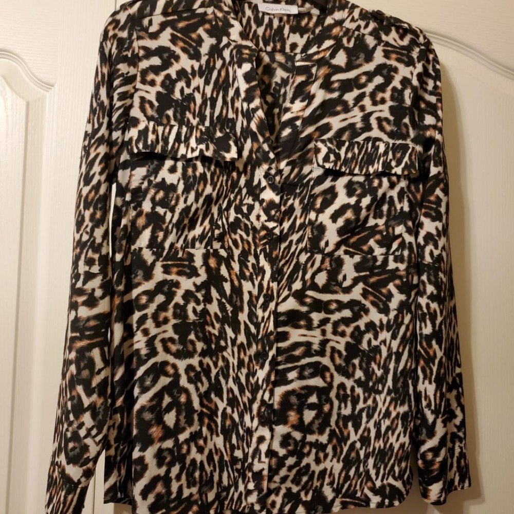 #306 Calvin Klein Black/Brown Animal Print Blouse